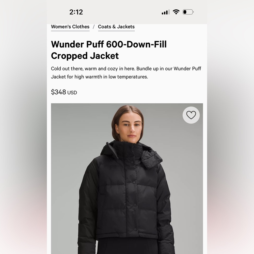 lululemon athletica Black Wunder Puff Jacket